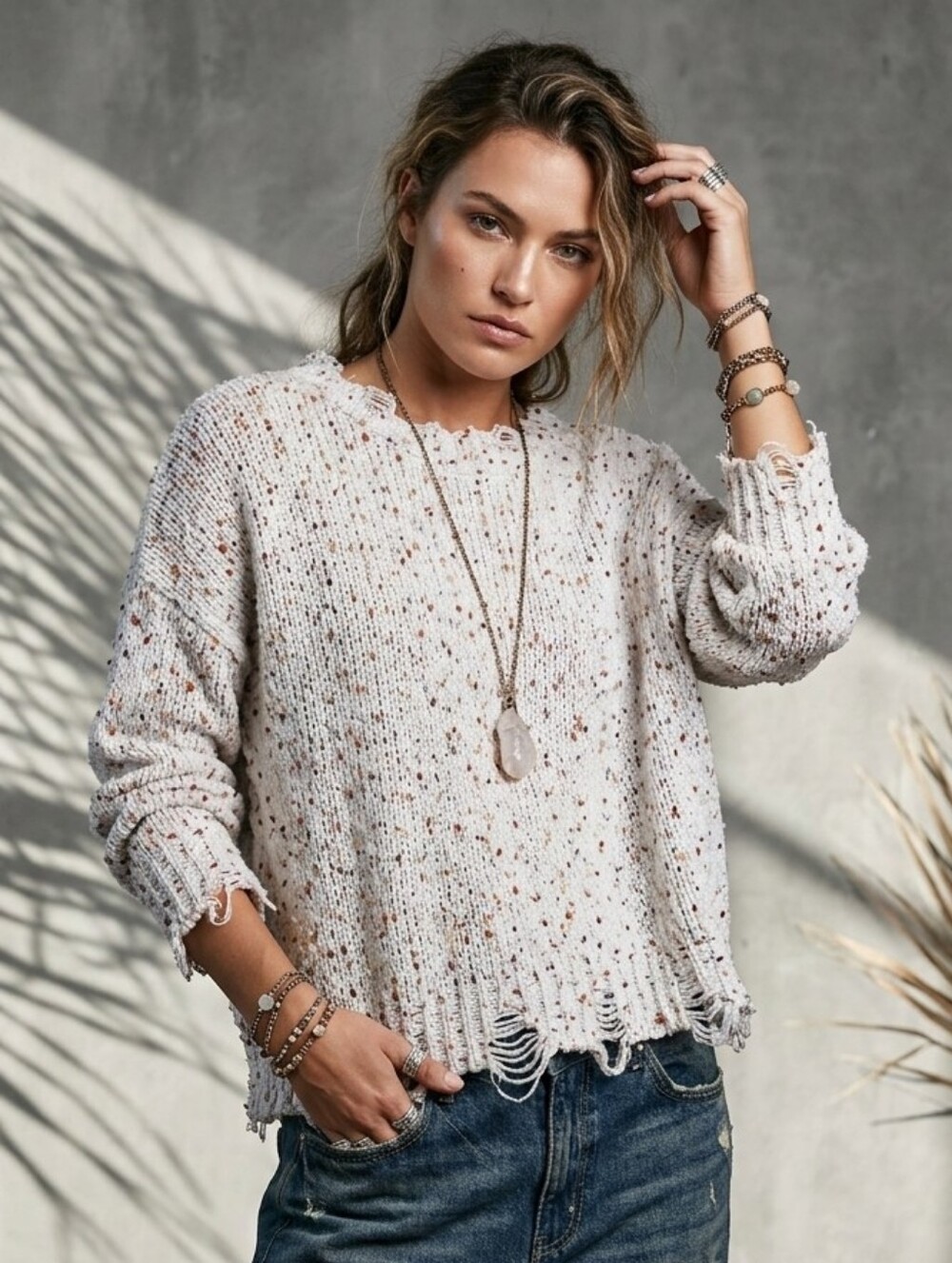 POL Clothing Cream Chunky Confetti Knit Oversized Boho Distressed Sweater Size L